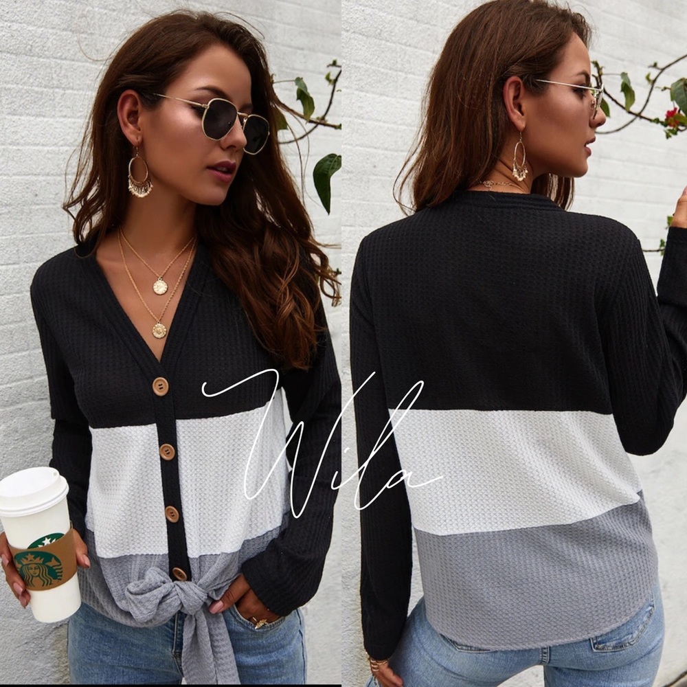 Waffle knit color block button knotted top 831195 - Picture 2 of 3